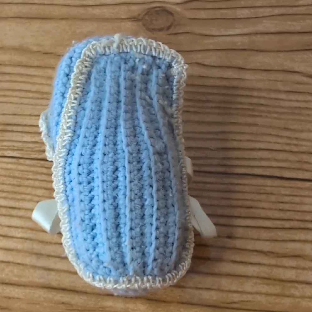 Vintage Crochet Handmade Blue Baby Booties with Ribbon